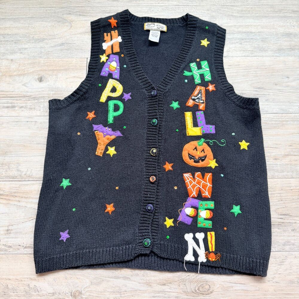 Vintage Halloween Sweater Vest Heirloom Collectibles Small Happy Halloween 90s